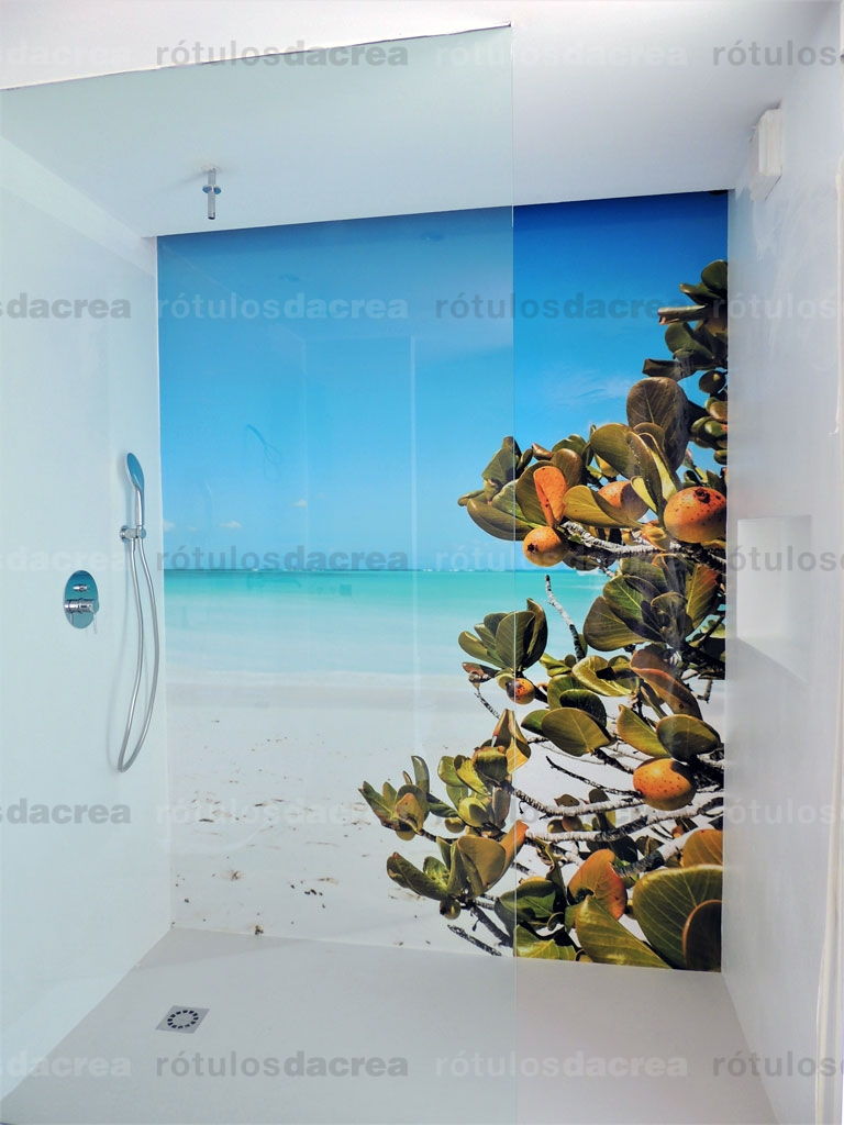 Impresión digital de fotomurales de playa, cielo y árbol para ducha de baño