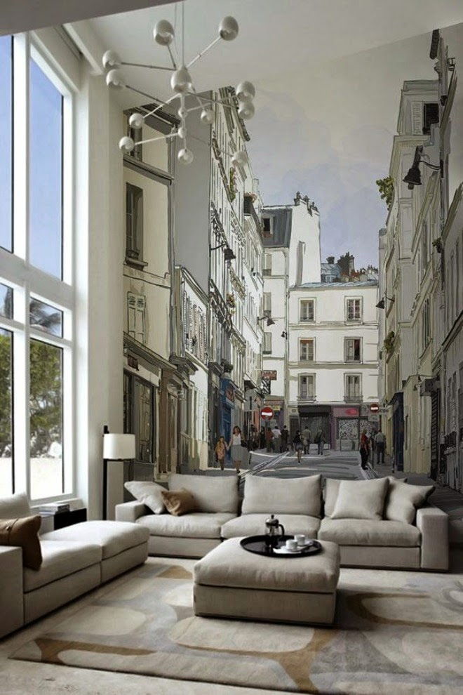 Fotomural de calles de una ciudad detrás de sofá